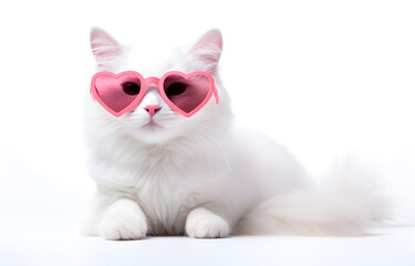 white cat with glasses red shape heart on white background