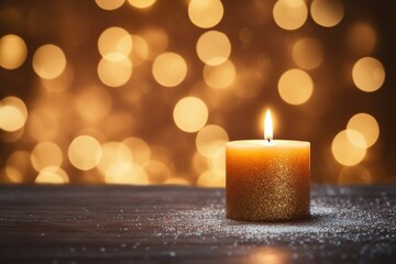 Advent candle with snow and bokeh.	