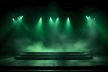 Scene with spotlights and green neon and fog. Dark background. Background. Generative Ai
