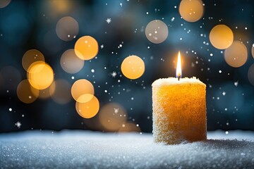 Advent candle with snow and bokeh.	