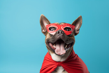 Dog wearing red superhero cape and mask. Generative AI - obrazy, fototapety, plakaty