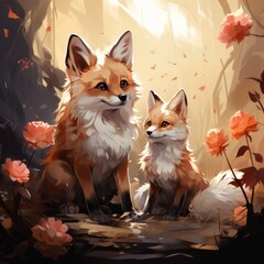 Fototapeta premium Two young fox cubs enjoy the rays of the spring sun in a forest clearing, surrounded by blooming flowers, Concept: publications about wildlife and environmental protection. Red cunning animals