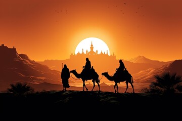 Silhouette of three biblical wise men going to Bethlehem to see the birth of the baby Jesus Christ.