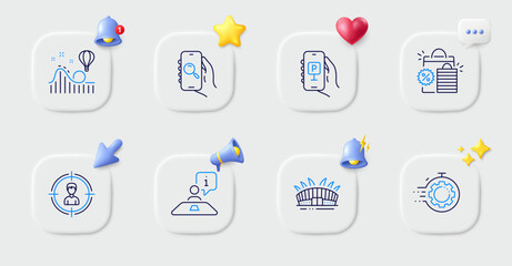 Headhunting, Shopping bags and Arena stadium line icons. Buttons with 3d bell, chat speech, cursor. Pack of Interview, Parking app, Seo timer icon. Search app, Roller coaster pictogram. Vector