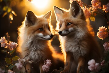 Two young fox cubs enjoy the rays of the spring sun in a forest clearing, surrounded by blooming flowers, Concept: publications about wildlife and environmental protection. Red cunning animals - obrazy, fototapety, plakaty