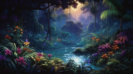 Wonderful magical forest. Video Game's Digital Artwork, Concept Illustration, Realistic Cartoon Style