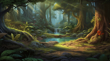 Wonderful forest. Video Game's CG Artwork, Concept Illustration, Realistic Cartoon Style Background