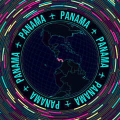 Panama on globe. Satellite view of the world centered on Panama. Bright neon style. Futuristic radial bricks background. Artistic vector illustration.