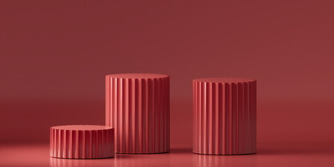 Obraz premium Product Podium - Three red Podiums, red Background. 3D Illustration 
