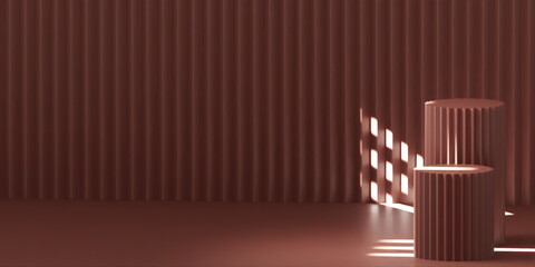 Product Podium - Two brown Podium, brown Background. 3D Illustration. Light coming from left window
