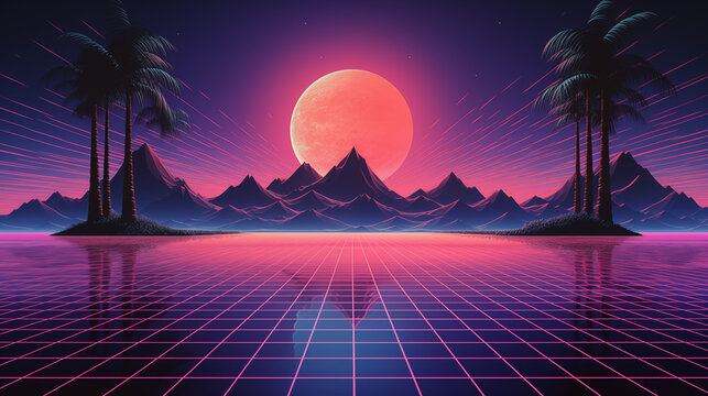 Vaporwave sunset over digital ocean