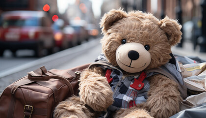 Cute toy bear sitting outdoors, enjoying winter journey with child generated by AI