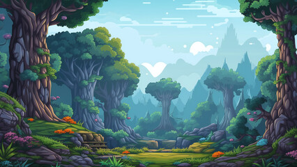 Wonderful forest in 2D pixel. Video Game's Digital CG Artwork, Concept Illustration, Realistic Cartoon Style