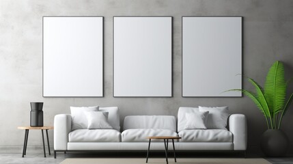 A minimalistic white mockup frame hanging on a concrete feature wall in a modern industrial living room, exuding an urban and edgy aesthetic.