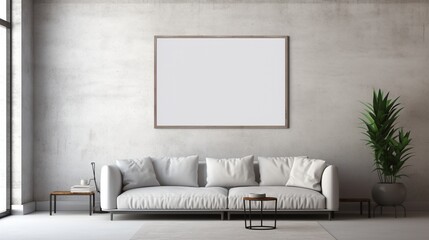 A minimalistic white mockup frame hanging on a concrete feature wall in a modern industrial living room, exuding an urban and edgy aesthetic.