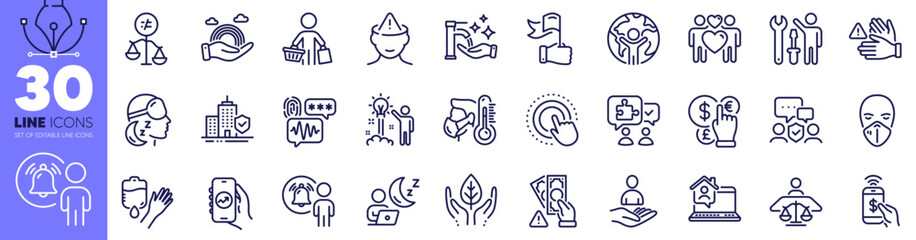 Love couple, Creative idea and Apartment insurance line icons pack. Global business, Sick man, Lgbt web icon. Washing hands, Bribe, Mental health pictogram. Security agency, Click hand. Vector