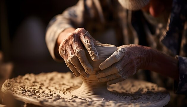 Close-up of the hands of a senior male artisan crafting sculptures