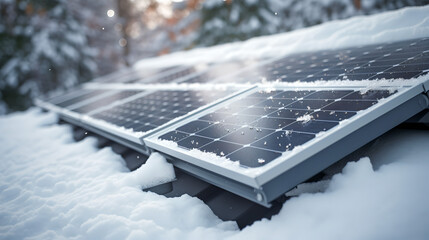 solar panels on roof covered in snow - obrazy, fototapety, plakaty