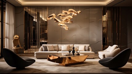 A sleek, minimalist living room adorned with golden geometric sculptures, bathed in the warm glow of recessed lighting, - obrazy, fototapety, plakaty