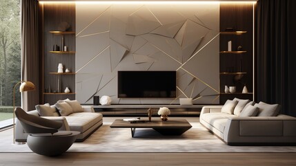 A sleek, minimalist living room adorned with golden geometric sculptures, bathed in the warm glow of recessed lighting, 