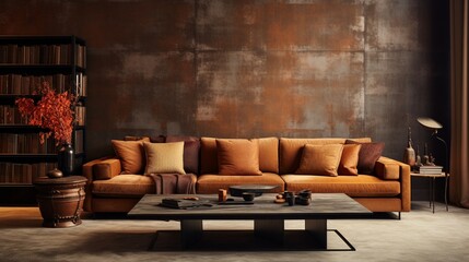 A stylish living area with a sophisticated suede sofa, set against a backdrop of textured wallpaper...