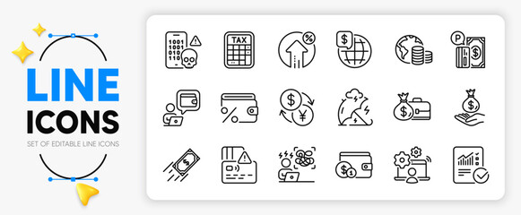 Salary, Difficult stress and Tax calculator line icons set for app include Card, Buying accessory, Checked calculation outline thin icon. Budget, Online job, Loan percent pictogram icon. Vector