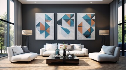 A stylish white frame set against a geometric patterned wall in a contemporary living room, infusing a touch of abstract artistry into the space.