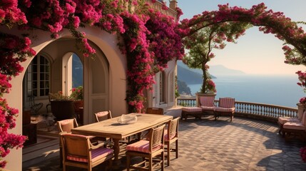 A sun-drenched Italian villa, adorned with vibrant bougainvillea, overlooking the azure waters of the Amalfi Coast, 