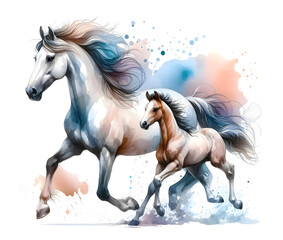 Obraz na płótnie Canvas Horse with foal. Watercolor paint. Generative AI