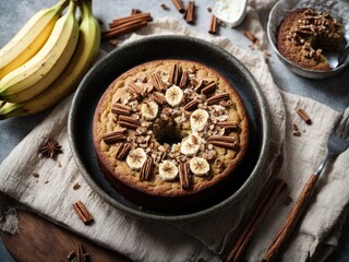 Freshly baked homemade banana and cinnamon cake, photographed overhead with natural light (Selective Focus, Focus on the top of the cake), chocolate cake with nuts and raisins