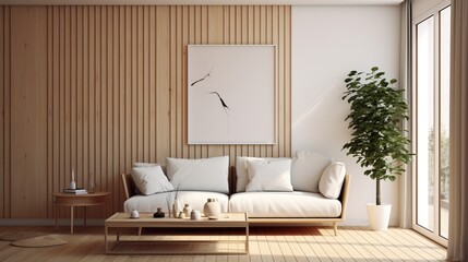 A white frame placed against a wooden slat wall in a Scandinavian-inspired living room, radiating a sense of simplicity and natural beauty.