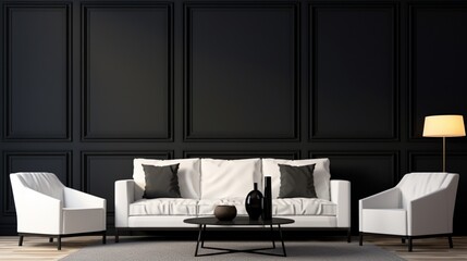 An elegant white mockup frame blending seamlessly into a glossy black feature wall in a...