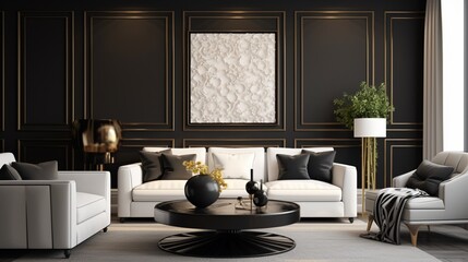 An elegant white mockup frame blending seamlessly into a glossy black feature wall in a sophisticated living room, embodying contemporary class.