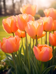 Obraz premium Close up of orange tulips growing on field in spring, blurry background 
