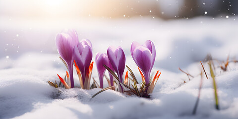 Close up of purple spring crocus flowers growing in the snow, blurry light background 