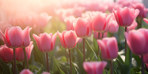 Close up of pink tulips growing on field in spring, blurry background 