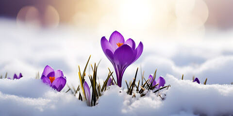 Close up of purple spring crocus flowers growing in the snow, blurry light  background 