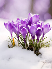 Close up of purple spring crocus flowers growing in the snow, blurry background 