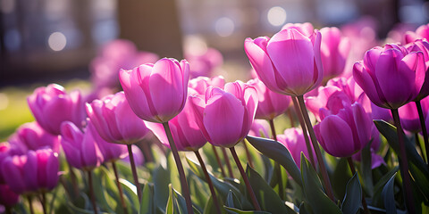Close up of purple tulips growing on field in spring, blurry background 