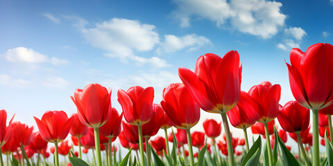 Close up of red tulips growing on field in spring, sky background 