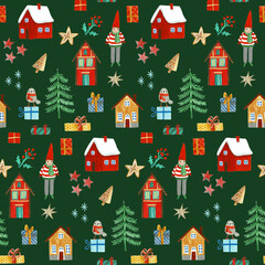 Cute christmas illustration with houses, watercolor cartoon style.