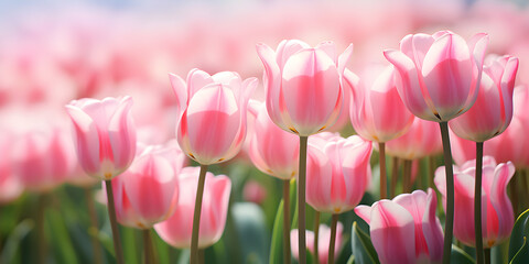 Close up of soft pink tulips growing on field in spring, blurry background 