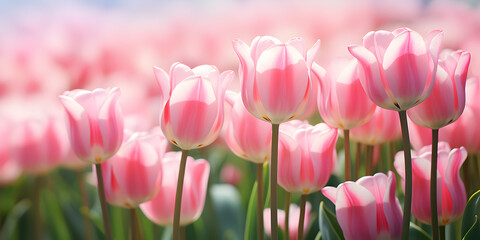 Fototapeta premium Close up of soft pink tulips growing on field in spring, blurry background 