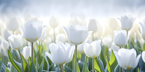 Close up of white tulips growing on field in spring, blurry lights background 