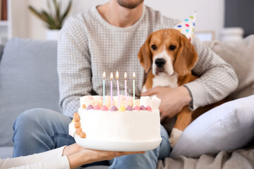 Happy young couple with cake and Beagle dog celebrating Birthday at home, closeup