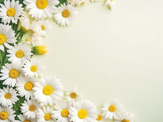 Frame with Daisy chamomile flowers on beige background with copy space inside