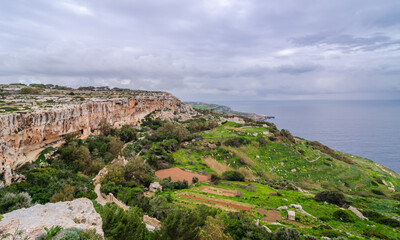 Fototapeta na wymiar Aerial view of colorful landscape Dingli cliffs. Winter, blue sea and sky. Malta country