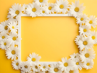 Frame with Daisy chamomile flowers on yellow background with copy space inside