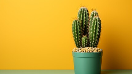 Cactus  in a yellow ceramic pot on a plain bright background with copy space, a plant with sharp thorns.