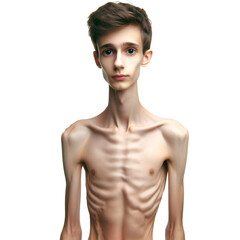 Young skinny boy isolated on white, transparent background. Anorexia concept - obrazy, fototapety, plakaty